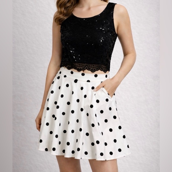 City Studio Dresses & Skirts - Formal Dress Black Sequin Top White Polka Dot Skater Skirt Hoco Two Piece Party